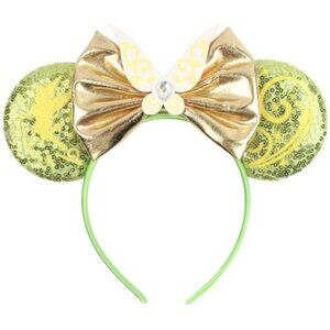 Gold Bow Green Sequin Minnie Ears Headband